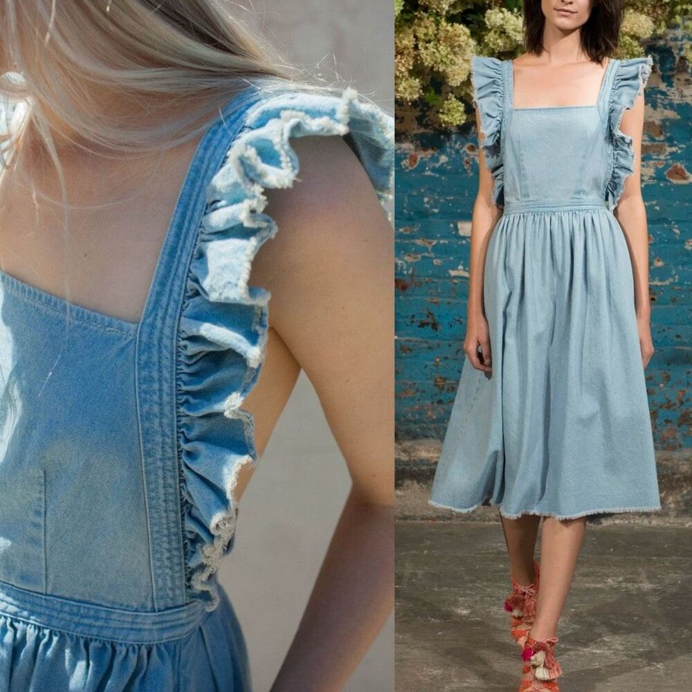 Ulla Johnson SP16 RTW Ruffle Details Denim Back Cutout Midi Dress Size XS/S - Picture 2 of 7